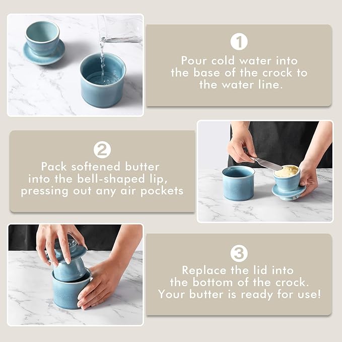 Peacock Blue French Butter Dish,Handmade Reactive Glaze Ceramic Butter Crock with Water Line for Speradable Fresh Butter
