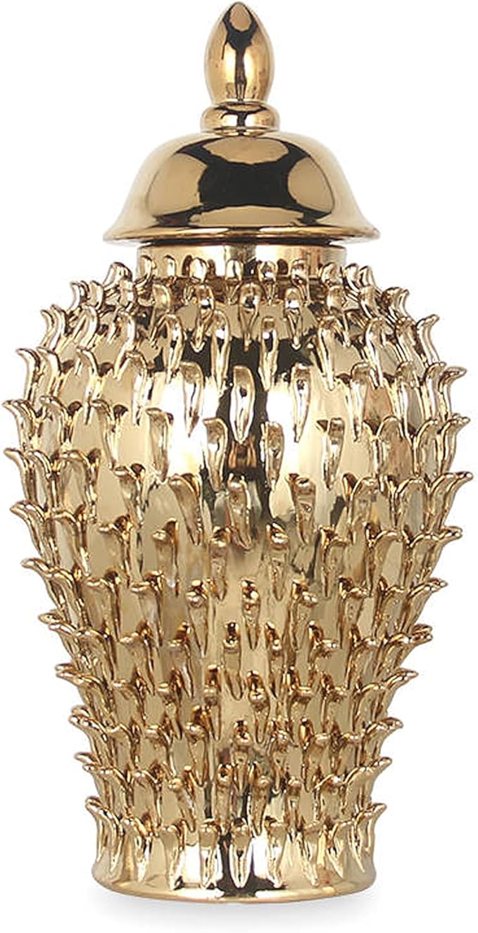 Noori Home - 100% Modern Glam Artisan Ceramic SPIKES BECCA Ginger Jars GOLD 8.3x8.3x15