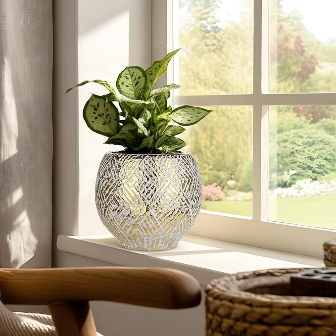 Ceramic Plant Pots for Plants Indoor 7.5 Inch Round Gold and White Flower Pot Gilded Decorative Planter with Drainage Hole and Saucer Modern Ceramic Pot for Succulents Orchids Cactus Herbs Home Decor