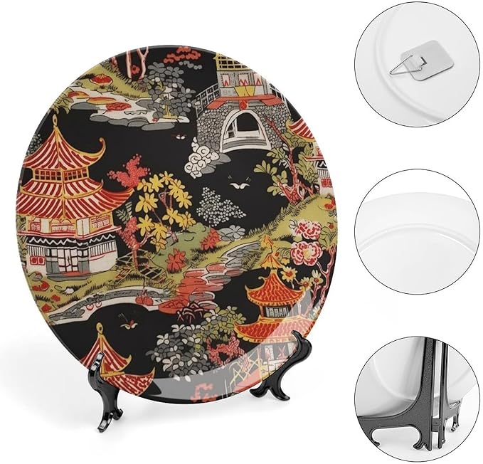 Ceramic Decorative Plate Chinoiserie Charcoal Coral Pagoda Asian Personalized Decor for Office Table Club Kitchen Ceramic Hanging Decorative Plate 1 Plate with 1 Display Stand, Gifts for Men Women