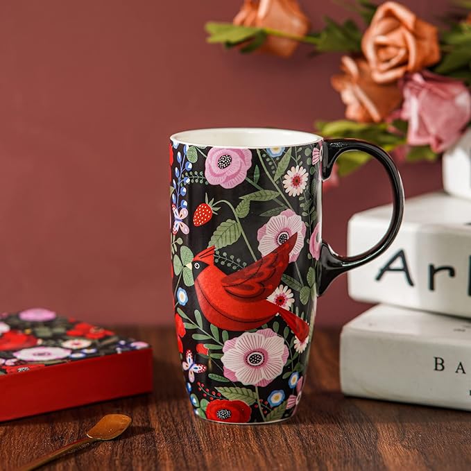 Topadorn Ceramic Travel Mug Cardinal Bird Porcelain Latte Tea Cup Coffee Mug with Matched Box, 17oz.