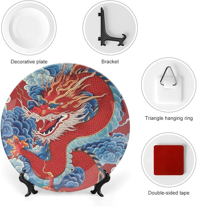 Red Dragon Chinoiserie Asian Inspired Ceramic Decorative Plate of 6", 7", 9", 10", Custom Ceramic Display Plate, Display Home Decorations Housewarming Gifts, Including Bracket And Special Hook