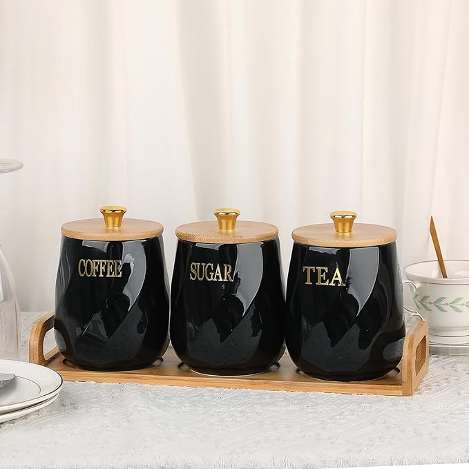 JUXYES Set of 3 Ceramic Canisters Set for Sugar Coffee Tea With Handle Tray, Luxurious Storage Containers Sets with Lids Decorative Storage Pots Black Ceramic Storage Jar for Kitchen Dining Room