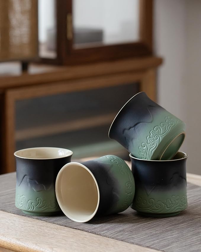 ZENS Japanese Tea Cups Set of 4, Embossed 8 oz Ceramic Japan Tea Cup for Hot Tea or Matcha, Japanese Style Handle-less, Occupied Japan Tea Cup, Moss Green