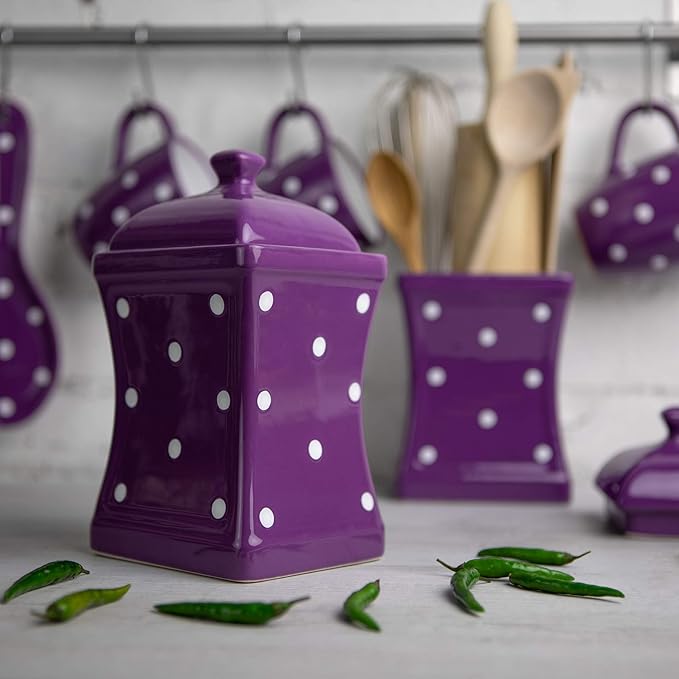 City to Cottage Handmade Purple and White Polka Dot Large Ceramic 31.5oz/900ml Kitchen Storage Jar with Lid | Pottery Canister, Cookie Jar, Housewarming Gift