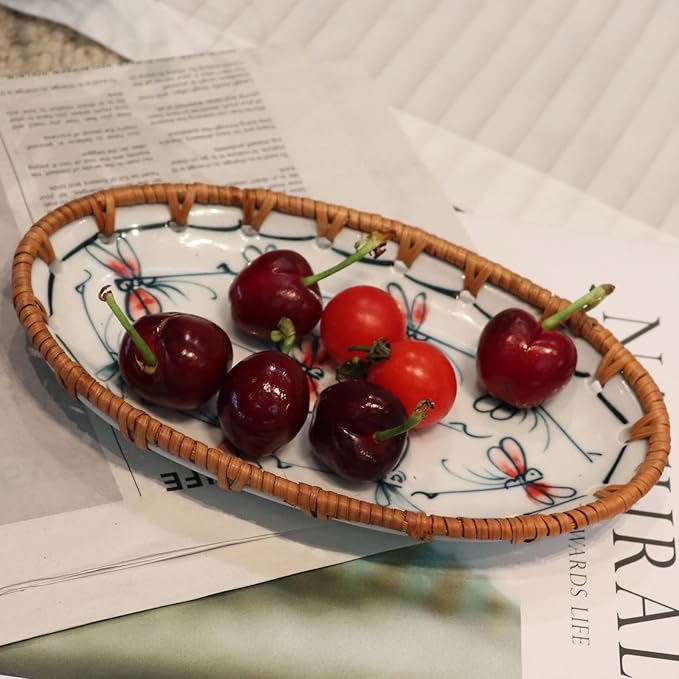 Rattan Ceramic Tray, Oval Fruit/Bread/Cookie/Jewelry Small Storage Porcelain Serving Plate, Vintage Decorative Display Plate for Coffee Table Home Decor Wedding Party Gift (Red Dragonfly)