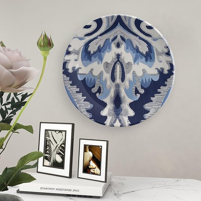 Navy Blue Grey Ikat Plates Ceramic of 6", 7", 9", 10", Personalized Ceramic Ornaments Dessert Plates, Wedding Home Decorations Office, with Display Stand And Hook Up