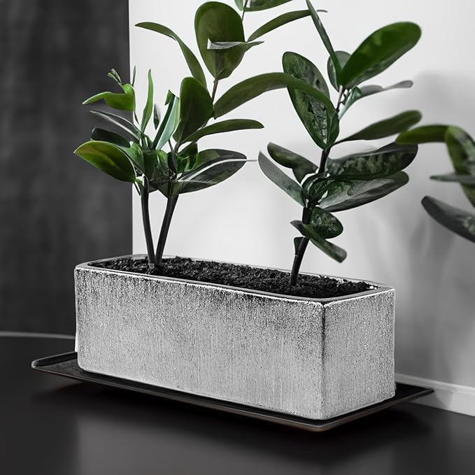 WGVI Long Rectangle Ceramic Planter Vase in Silver Etched 12" x 4" x 4"H, Block Rectangular Terrarium Box Pot, Flower Arrangement, Table top Centerpiece, Home Decor Storage Container, 1 Pc.
