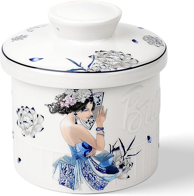 Toptier Butter Crock for Counter With Water Line, On Demand Spreadable Butter, Ceramic Butter Keeper to Leave On Counter, French Butter Dish with Lid, (Blue and White Beauty)