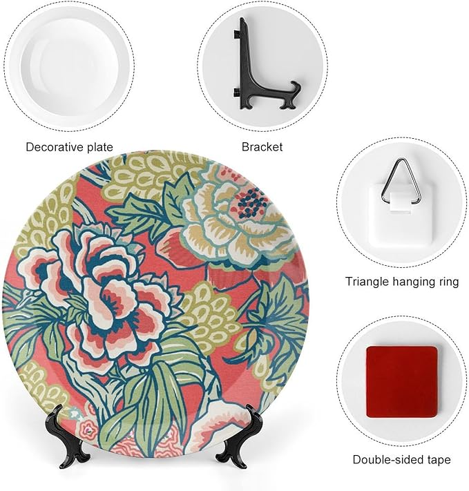 Red And Yellow Chinoiserie Peony Floral Decorative Plate for Display Colorful Chinoiserie Flower Table Housewarming Gifts Supplies Wedding Home Holiday Party Decorations Customize Gifts Holiday