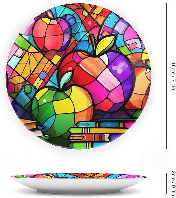 Decorative Plates for Wall Hanging, Colorful Books & Apples Stained Glass Painting Ceramic Plate w/ Display Stand, Home Decor for Kitchen Cabinets, Round Tray 7 Inch, Gift for Teacher Or Student