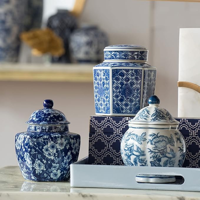 A&B Home 5" Decorative Porcelain Jars Set of 3 Glazed Hand Painted Blue White Ceramic Vase with Lid Centerpiece Ginger Jar Asian Décor