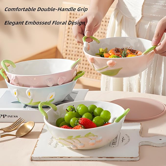 Handmade Ceramic Floral Fruit Bowl with Handles, 3D Hand-Painted Rose Flower Design Serving Dish, Decorative Bowls for Home Decor, Soup, Pasta, Cereal, Salad & Snacks, 24 oz