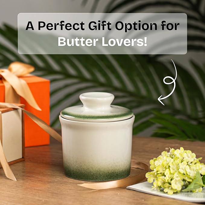 Stoneware Butter Crock with Lid, Ceramic Butter Dish with Water Line, Countertop Butter Keeper, Butter Holder for Countertop, Ombre Green