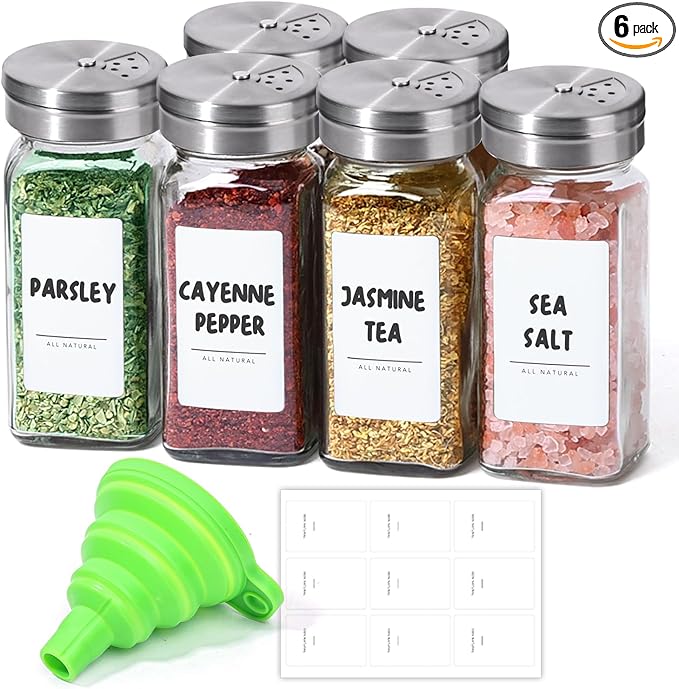 ComSaf Spice Jars with Shaker lids Adjustable, 4oz 6PCS, 9 DIY Labels, Spice Jars Trial Set & Supplement Set, Empty Ingredient Containers and Square Ingredient Bottles for Kitchen and Seasoning