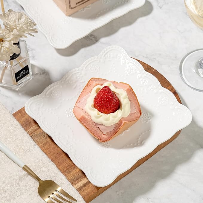 White Small Dessert Plates Set of 4,Ceramic Dinner Plates 6 Inch for Appetizer, Fruits, Cake, Salad,Microwave Safe,Christmas Gift,Relief Style