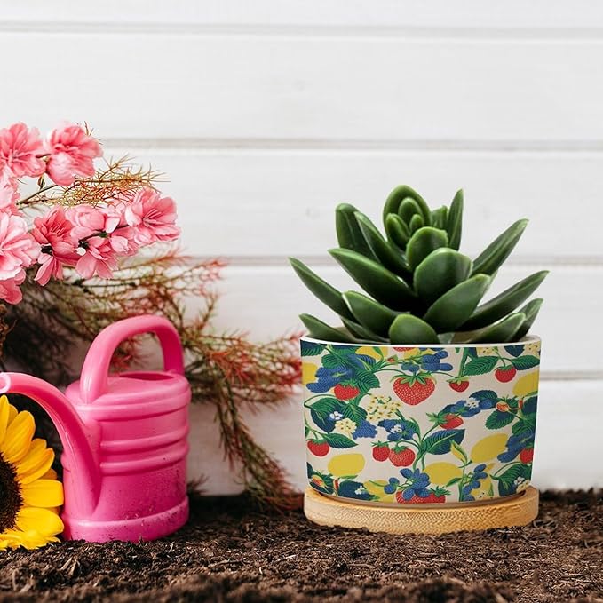 Summer Cherry Lemon Citrus Garden Ceramic Planter Strawberry Fruit Season Pots for Plants with Drainage Holes and Saucers Pot for Pots Outdoor Indoor Plants