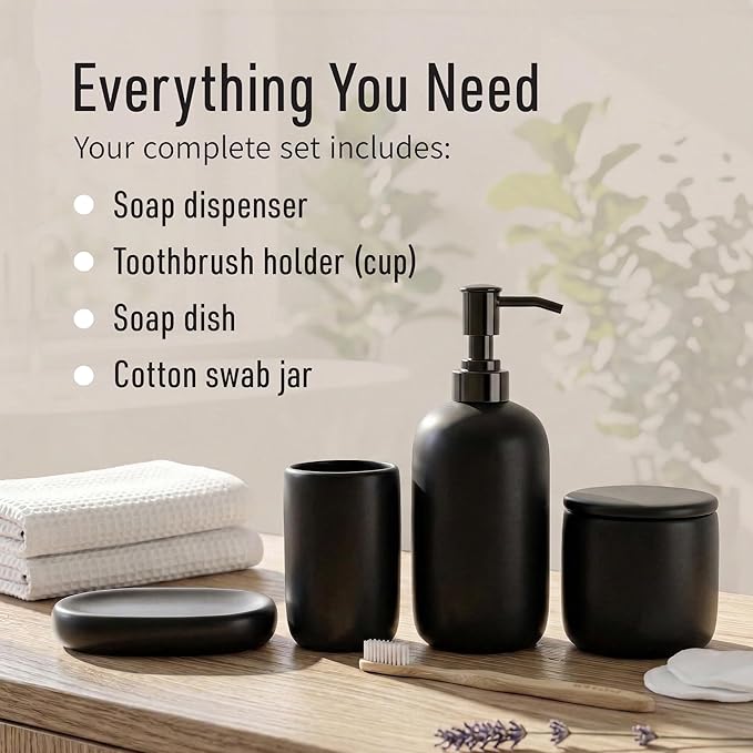 Ceramic Bathroom Accessories Set 4 Pcs – Modern Scandinavian Neutral Bathroom Soap Dispenser Set with Toothbrush Holder, Soap Dish & Cup – Minimalist Bathroom Accessory Set Decor - Black