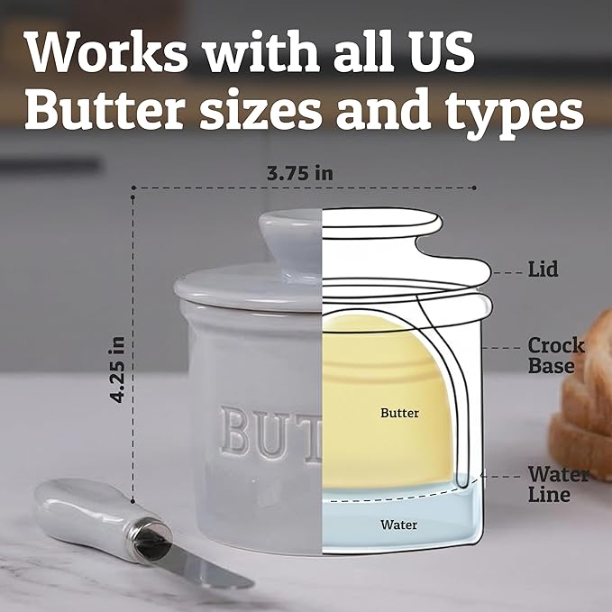PriorityChef Butter Crock with Lid with Water Line,Ceramic French Butter Dish to Leave On Counter, Nimbus Cloud