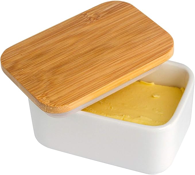 Porcelain Butter Dish with Bamboo Lid, Ceramic Butter Keeper Container for Countertop or Refrigerator, Heat Resistant Kitchen Butter Storage Dish, White (300ml)