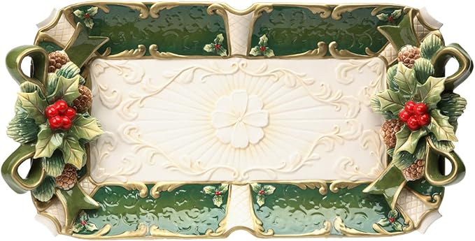 Fine Ceramic Hand Painted Christmas Holidays Green Holly Red Berry Rectangular Serving Platter Tray, 19 3/4 L …