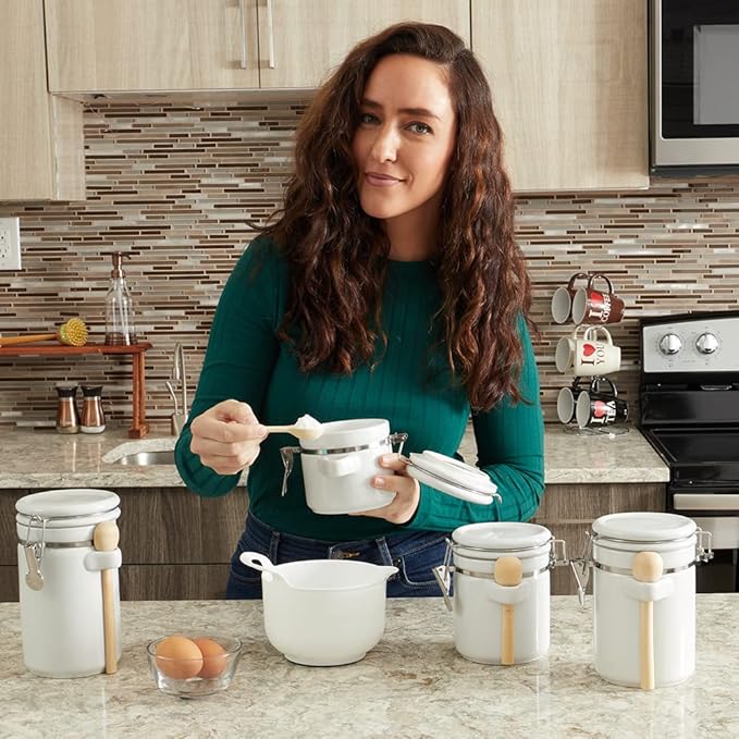 Canister Sets For The Kitchen (4 Piece Set) White, High Gloss Ceramic | By Home Basics | Decorative| With Wooden Spoons, Countertop Set For Flour, Sugar, Coffee, and Snacks