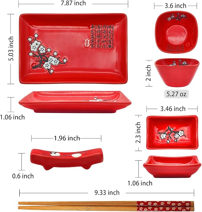 10 pcs Japanese Sushi Plate Sets Serving Platters and Trays for Entertaining Sushi Dishes Set Plates Sushi Plates Traditional Cuisine Dinnerware Sets with Chopsticks Red Plum
