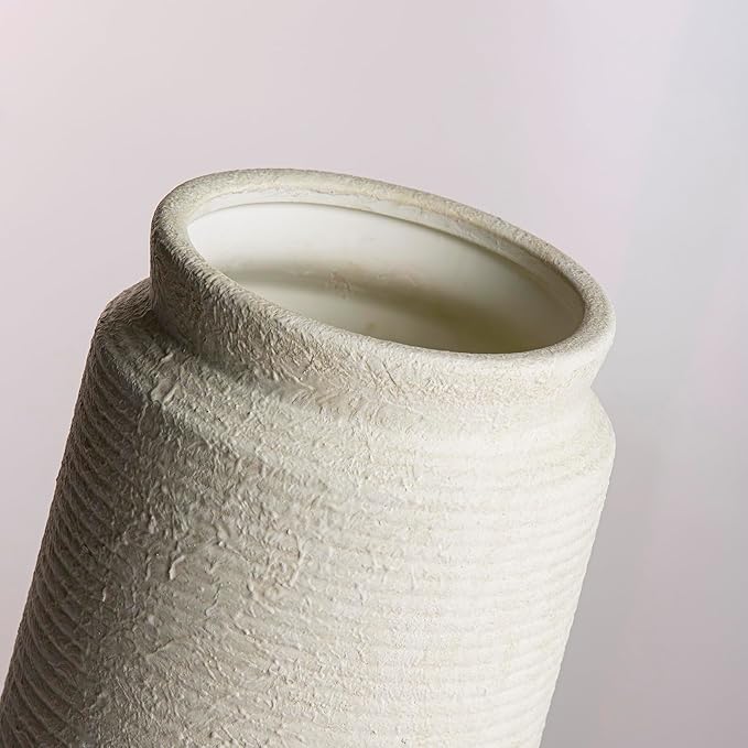 Ceramic Flower Vase 12 inch Farmhouse Rustic Vase for Home Decor Handcrafted Pottery Tall Terracotta Vases for Dining Table Decor Fireplace Living Room Bathroom Wedding Centerpiece (L-White)
