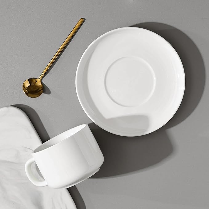 8oz Cappuccino Cups Set of 6, Ceramic Coffee Cups and Saucers Set with Spoons, Off-white Durable Coffee Cups for Cappuccino Espresso Latte Mocha Au Lait Macchiato Cafe