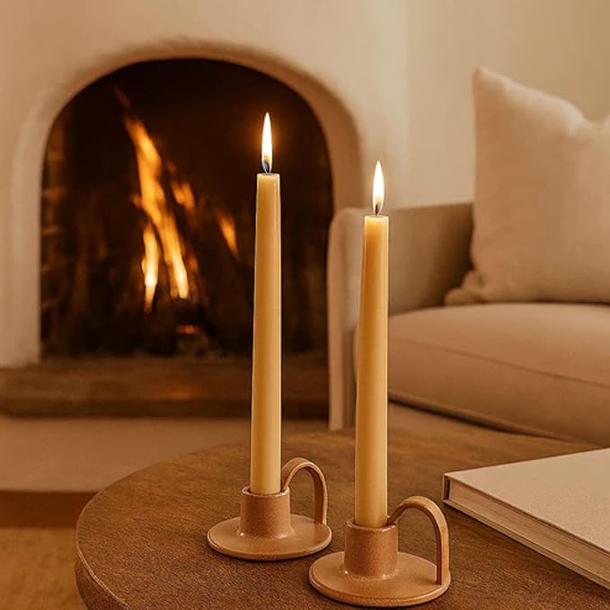 Ceramic Taper Candle Holders with Handle (Set of 2) – Tall Candlestick Holders for Table Decor Centerpieces, Rustic Home Décor, and Dinner Table Styling Tan