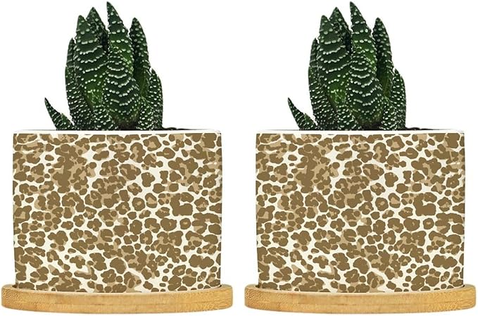 Leopard Brown and Planter Ceramic African Tribal Animal Print Round Flower Pot with Drainage Holes and Bamboo Tray Pot for Pots Outdoor Indoor Plants