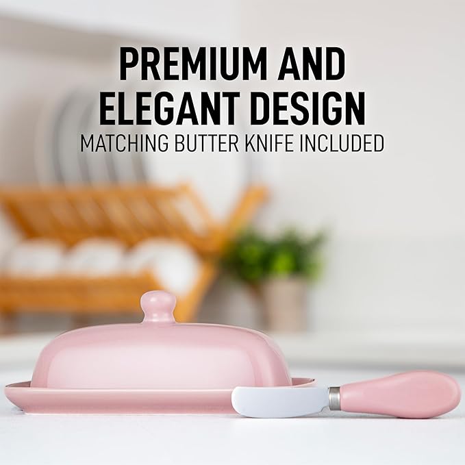 Zulay Butter Dish With Lid For Countertop - Porcelain Pink, Ceramic Butter Dish with Knob Handle Great for Cooking - Elegant Design Butter Holder - Durable & Sturdy Butter Keeper - Pink
