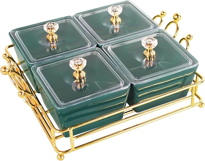 YA JU Ceramic small Snack bowl With Cover Metal Tray, 4 Removable dip bowls are used For Snack, potato chips, fruits, candies, and condiments - Perfect for birthday, parties, Holiday, gift，Green