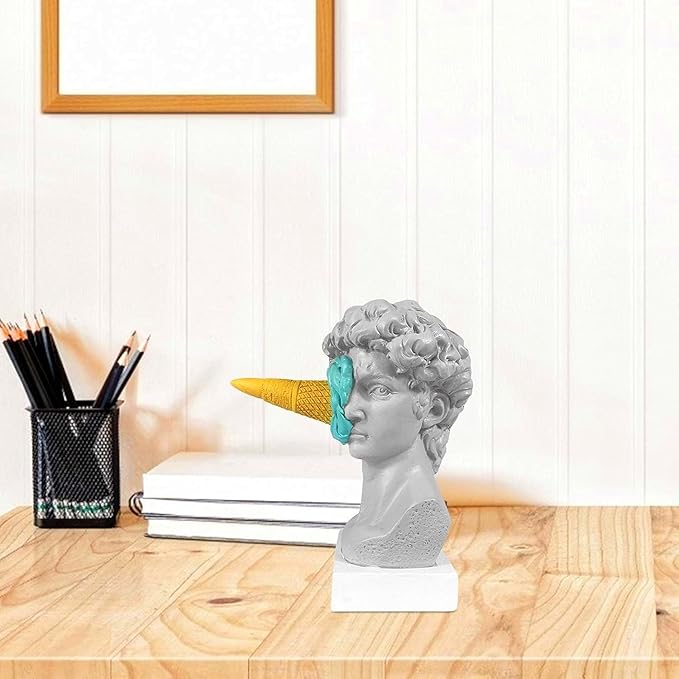 6.3 Inch Ice Cream David Head Resin Sculpture Statue for Living Room, Office, Bookshelf, Coffee Table Decorative Statues (Blue)
