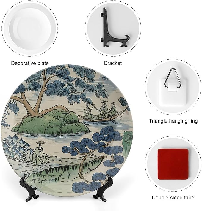 Decorative Plate Asian Scenic Dynasty Blue And Green Personalized Decor for Household Farmhouse Festival Display Bone China Decorative Plate with Vertical Stand, Multi Sizes, Gifts for Men Women
