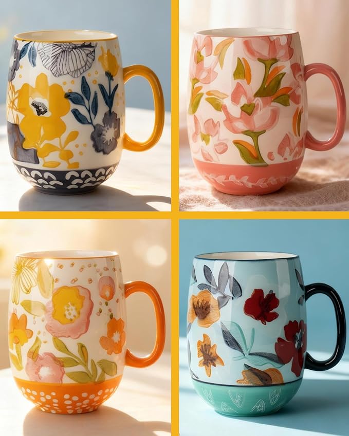 Large 24oz Ceramic Coffee Mug with Handle for Coffee or Tea, Hand-Painted Floral Pottery Mug for Women, Durable Microwave & Dishwasher Safe, Christmas Gift for Family, Holiday & Fall Decor