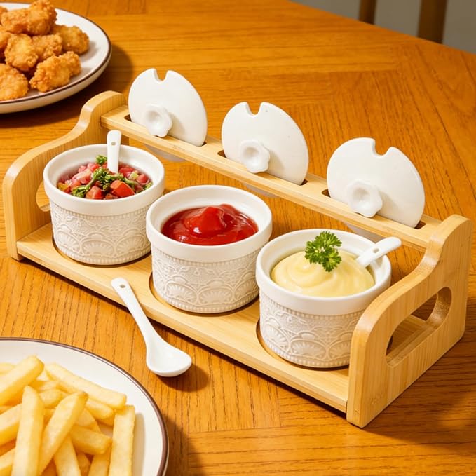 10 Pack Sauce Serving Dish, 5 Oz Ceramic Chip Dip Sauce Bowls with Spoons Lids for Party, 3 Condiment Seasoning Jars with Bamboo Tray for Snacks, Appetizers, Sauces