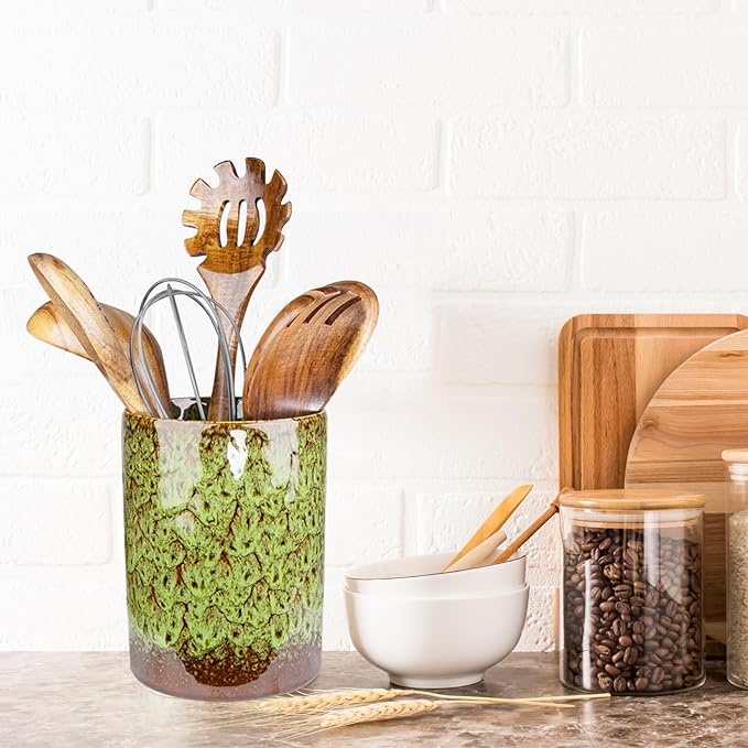 Utensil Holder, Green Ceramic Kitchen Utensil Holder for Countertop, Large Cooking Utensil Crocks for Kitchen Counter, Morden Utensil Organizer for Spatula, kitchen Decor