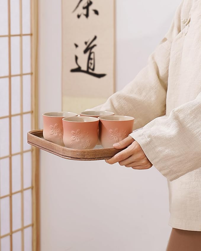 ZENS Japanese Tea Cups Set of 4 – 210ml Ceramic Handleless Tea Cups, Embossed Design, Traditional Japanese Style Cups for Matcha Tea, Hot Tea, Espresso, Pink