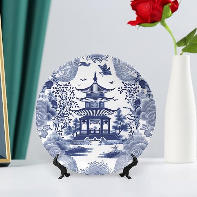 Chinoiserie Blue Asian Pagoda Fashion Plates of 6", 7", 9", 10", Customize Ceramic Display Plate, Wall Office Decorations Farmhouse, Unique Art with Stand