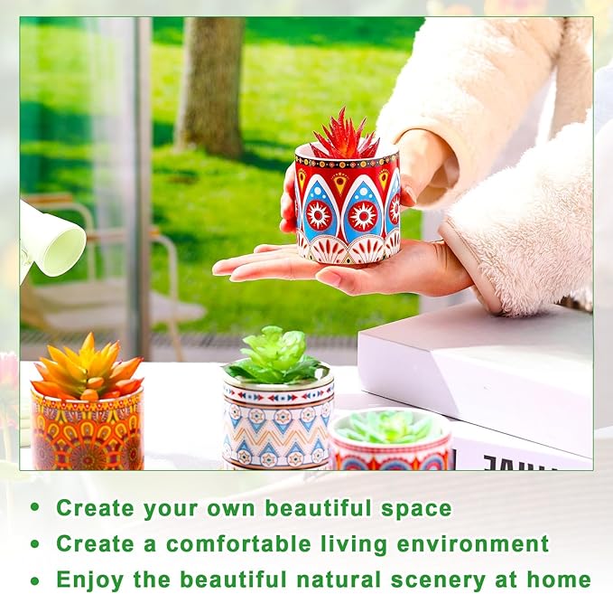 Zopeal 12 Pcs 3 Inch Mandala Ceramic Succulent Pots with Bamboo Trays, Small Indoor Cactus Planters with Drainage Holes for Desk, Windowsill and Home Decor