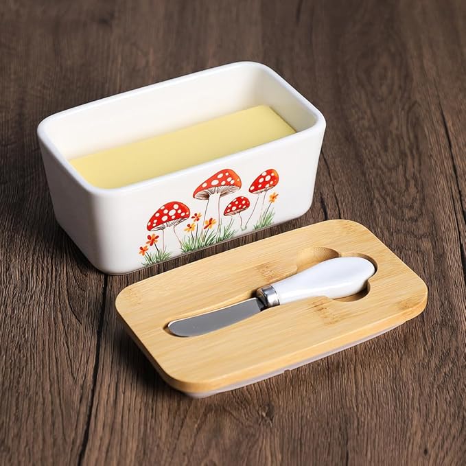 WAIT FLY Mushroom Ceramic Butter Dish with Bamboo Lid and Knife, 2 Sticks Butter Dish Butter Container Keeper for Kitchen Countertop, Home Decorative-Mushroom