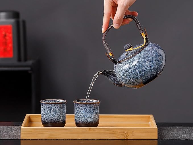 Traditional Japanese tea set, Kiln altered glaze Porcelain tea set with 1 teapot (23.5oz/700ml), 6 teacups (4oz/120ml), 1 Tea Tray,Japanese teapot set, Asian tea sets (Kiln altered Blue)
