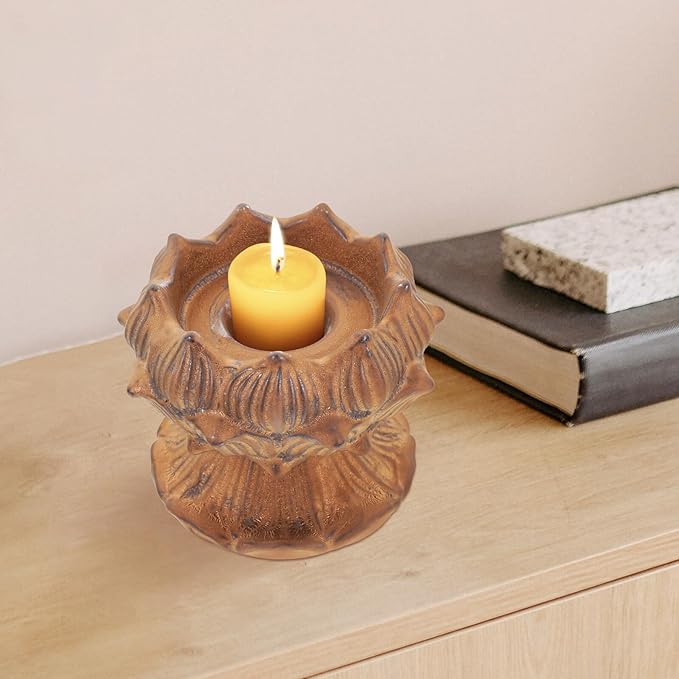 Vintage Lotus Ceramic Candlestick Holder Rust Color Buddhist Candle Holder for Home Decor Asian Style