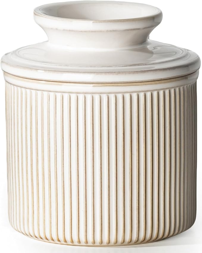 Getstar Large Ceramic Butter Crock with Lid for Countertop, 6OZ French Butter Dish Keeper for Spreadable Butter Water Seal with Elegant Embossed Pattern, Cream White