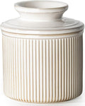 Getstar Large Ceramic Butter Crock with Lid for Countertop, 6OZ French Butter Dish Keeper for Spreadable Butter Water Seal with Elegant Embossed Pattern, Cream White