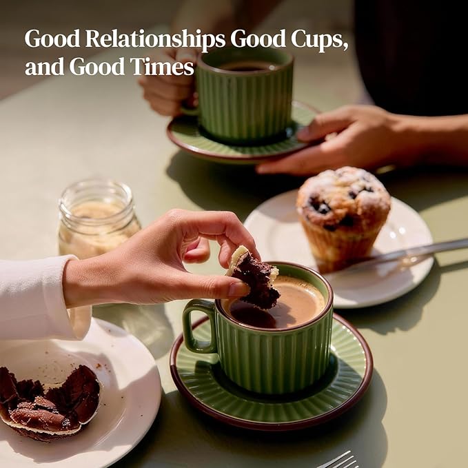 DOWAN Cappuccino Cup Set of 4, 8 OZ Ceramic Coffee Cups with Saucers, Coffee Mugs, Ribbed Espresso & Latte Cups Set, Elegant Stoneware for Home & Café Use