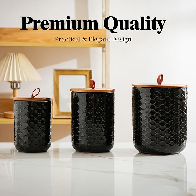 JOJUNO Black Ceramic Canister Set with Wooden Lids – 3-Piece Airtight Food Storage Jars for Kitchen, Embossed Design, Small/Medium/Large Sizes (30/48/82 oz) – Flour, Sugar, Coffee, Tea Containers