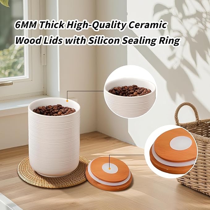 Food Storage Jar Strong Ceramic Storage Canisters with Airtight Wooden Lid,Kitchen Storage Containers for Serving Coffee Beans, Tea, Sugar, Salt, Spices (Little white 9 oz)