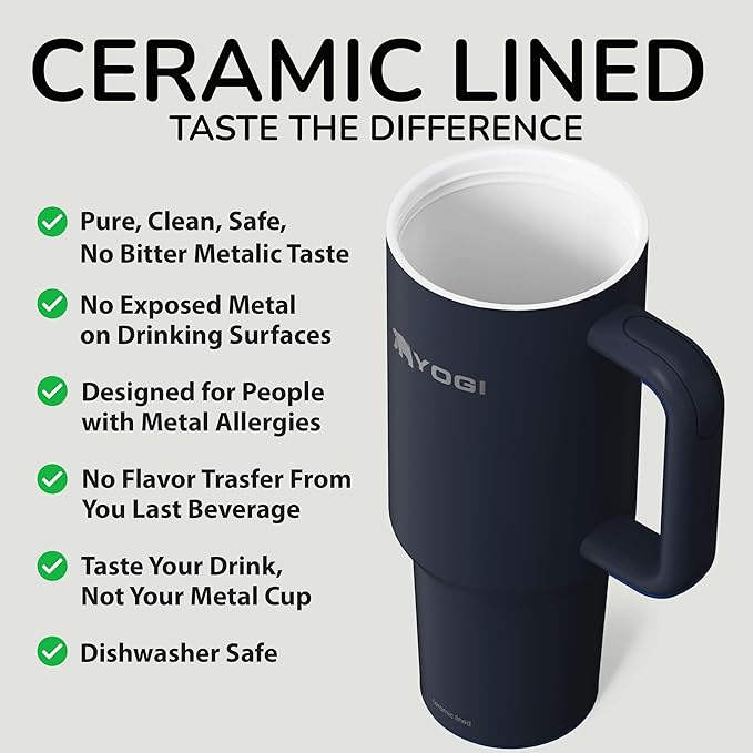 YOGI Ceramic Lined Metal Allergy Safe 40oz Tumbler with Handle and Straw Leakproof Flip & Sip Lid Vacuum Insulated Stainless Steel Travel Cup for Iced Coffee Water and All-Day Hydration 40oz Eclipse